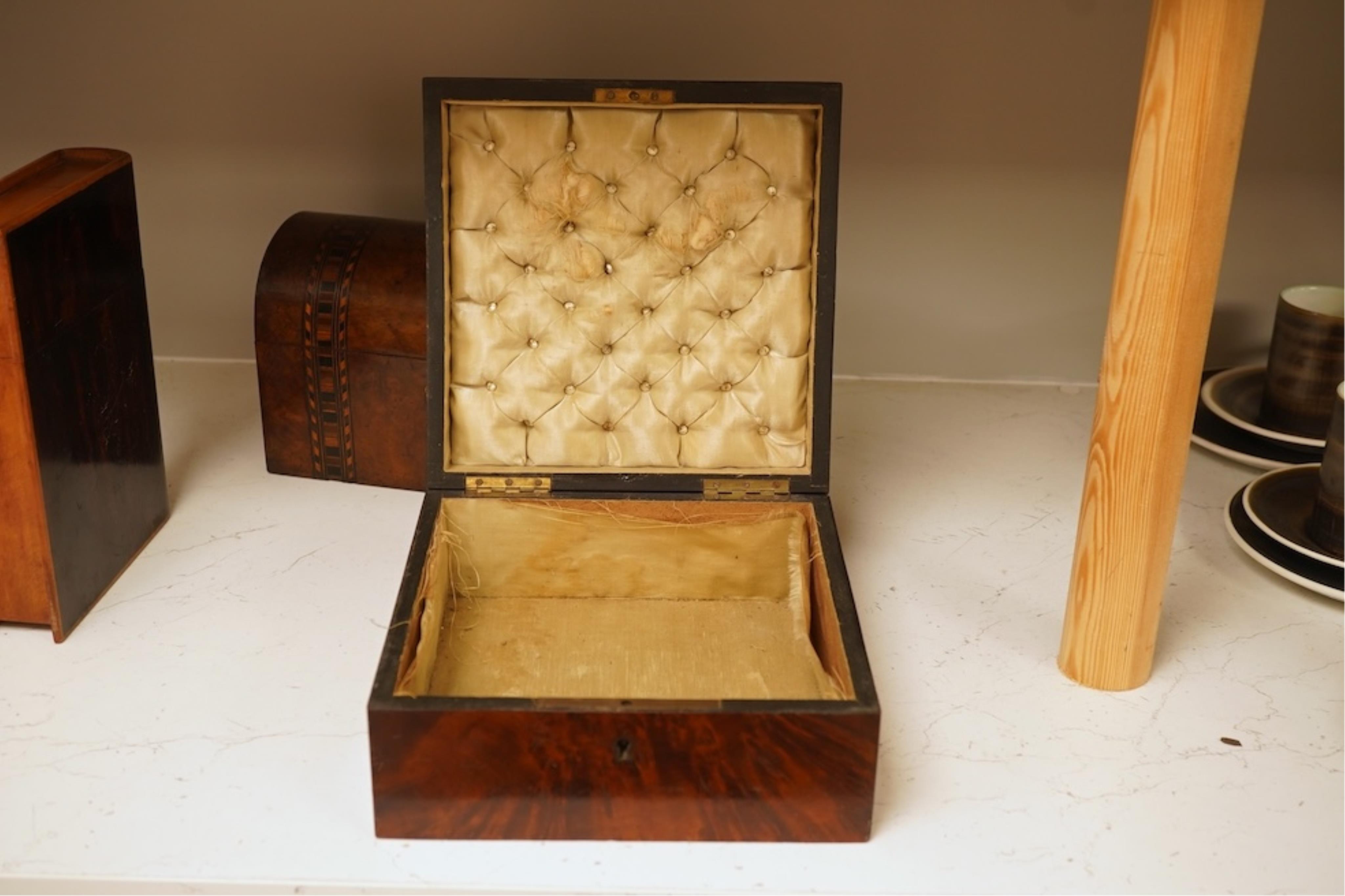 A 19th century French thuya box, Victorian tea caddy and an Art Nouveau book-shaped box, largest 20cm high
